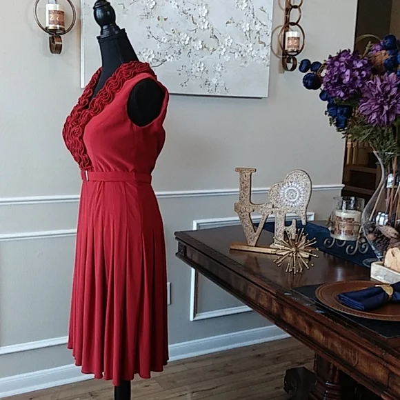 Adrianna Papell Ruffle Neckline belted Pleated Dress. Size 8 EUC - Picture 6 of 17